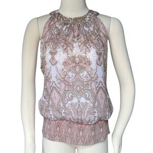 Cache Pink And Gold Paisley Blouson Style Halter Top Size Medium